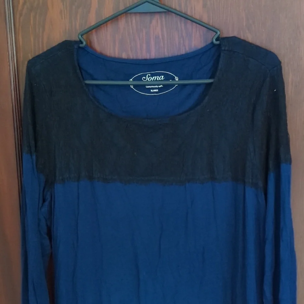 Soma Live Loungwear Luxuriously Soft Blue Black Lace 3/4 Sleeve Blouse Size XL_2